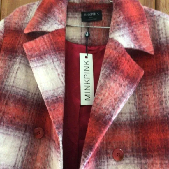 New! Rare Mink Pink plaid wool trench coat